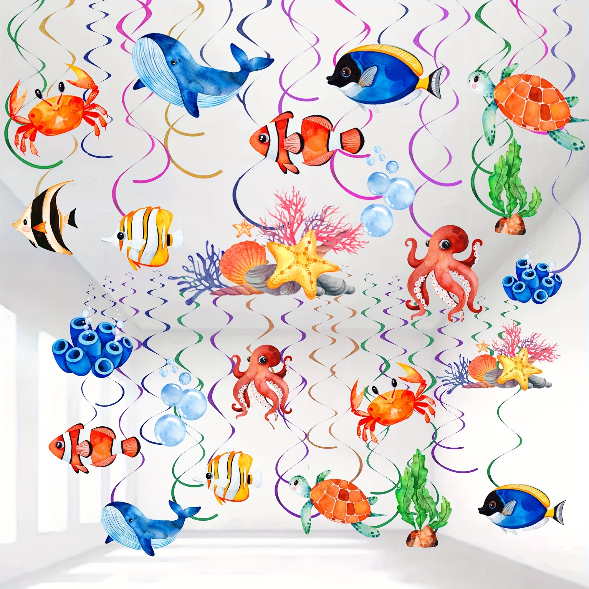 Image of 54pcs Marine Creature Party Decoration Set, Ceiling Spiral Ribbon, Marine Animal Theme, Fish, Turtle, Octopus, Seaweed, Diy Birthday Party Decoration Items, Suitable For Ceilings, Walls