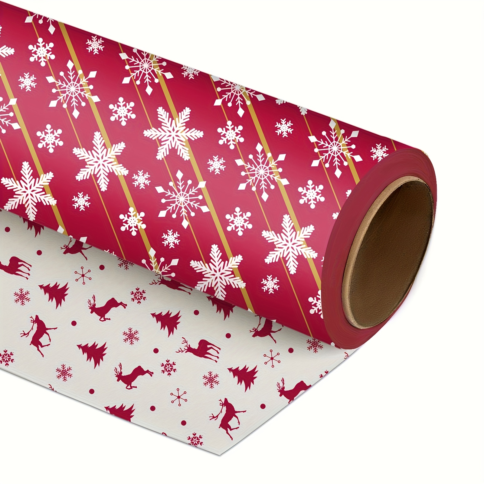 

Christmas Reindeer And Snowflakes Double-sided Wrapping Paper - 17" X 145" With Stickers, Red And White Holiday Gift Wrap For Presents, Reindeer Theme