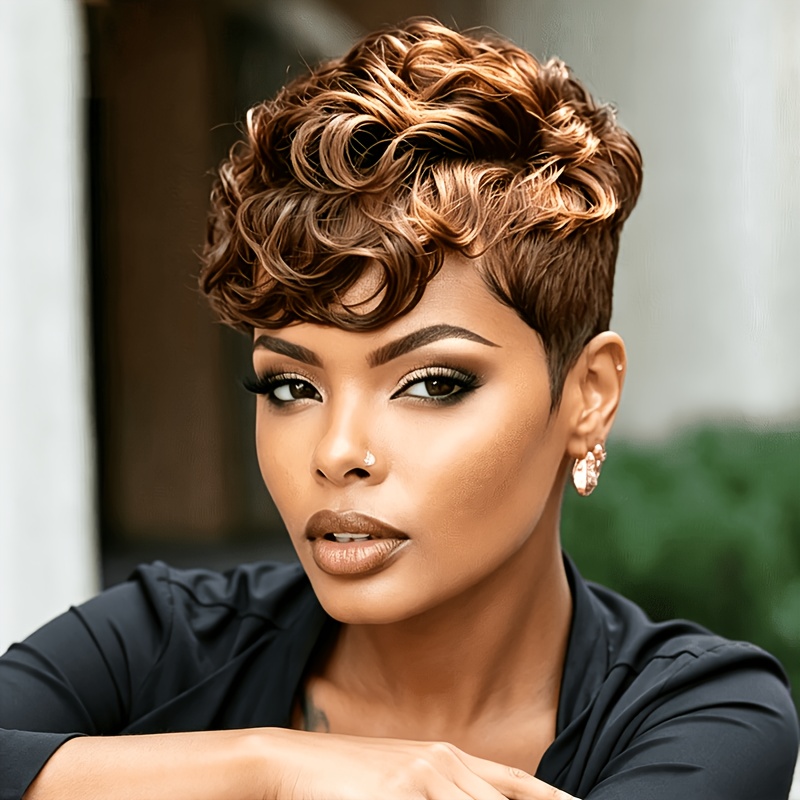 TEMU Real Human Hair Wig Suitable For Women & - Short Curly Cut With Bangs, 180% Density Thick Soft Black Hairpiece, Glueless Wig With Breathable Net
