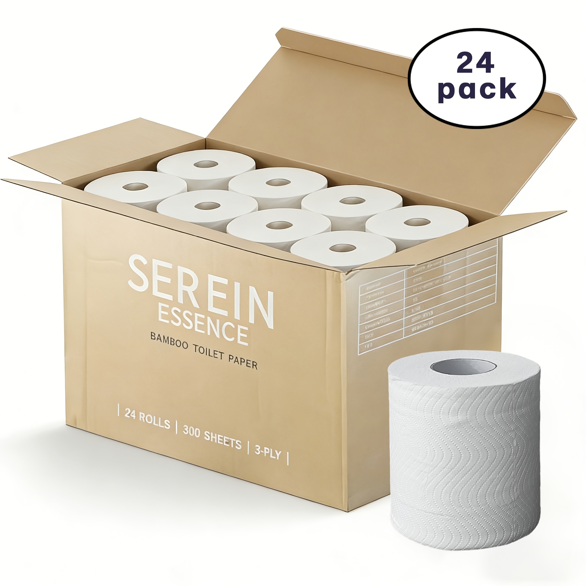 24 Rolls of Bamboo Toilet Paper, 3-Ply Soft And Strong Bath Tissue, 300 Sheets Per Roll, High Absorbency, Lint-Free, Unscented, Skin-Friendly, Septic Safe, Individually Wrapped Rolls, Bulk Pack for Home And Commercial Use