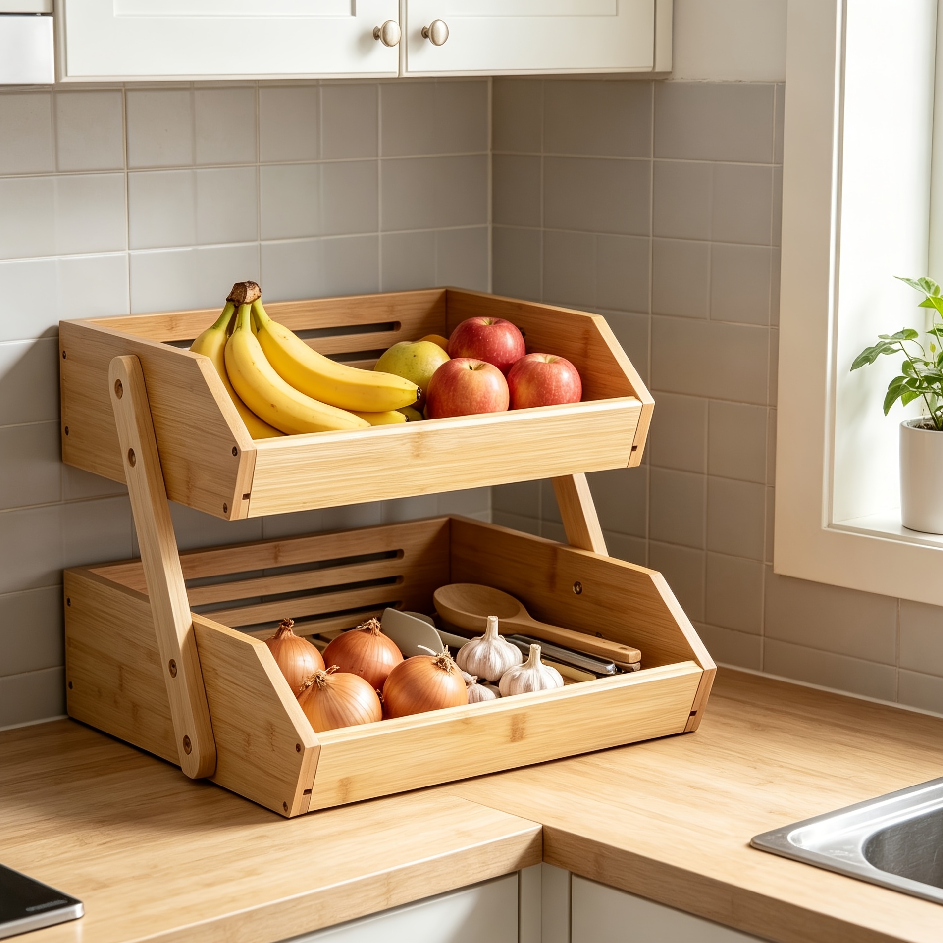 TEMU 1 Pack Bamboo 2-tier Fruit Basket, Display Trays For Kitchen Counter, Fruit Bowl And Produce Basket For Fruit, Vegetable, Snack, Bread Storage,