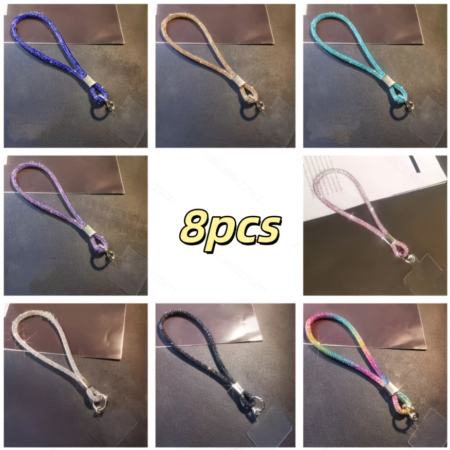 TEMU 8pcs Luxury Sparkling Rhinestone Anti-loss Wrist Strap Set, Phone Lanyard, Bag Chain, Car Ornament, Indoor Hanging Decor, Camera Strap, Water