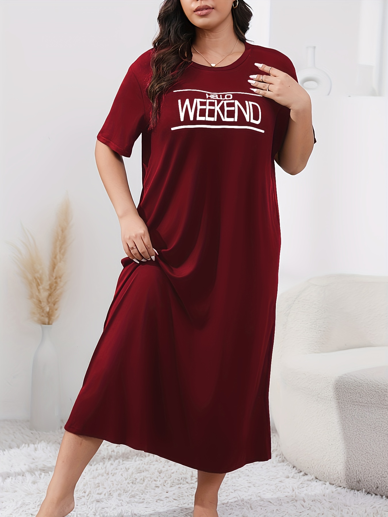 Women's Plus Casual Lounge Dress, Plus Size Slogan Print Short Sleeve Round Neck Sleep Dress