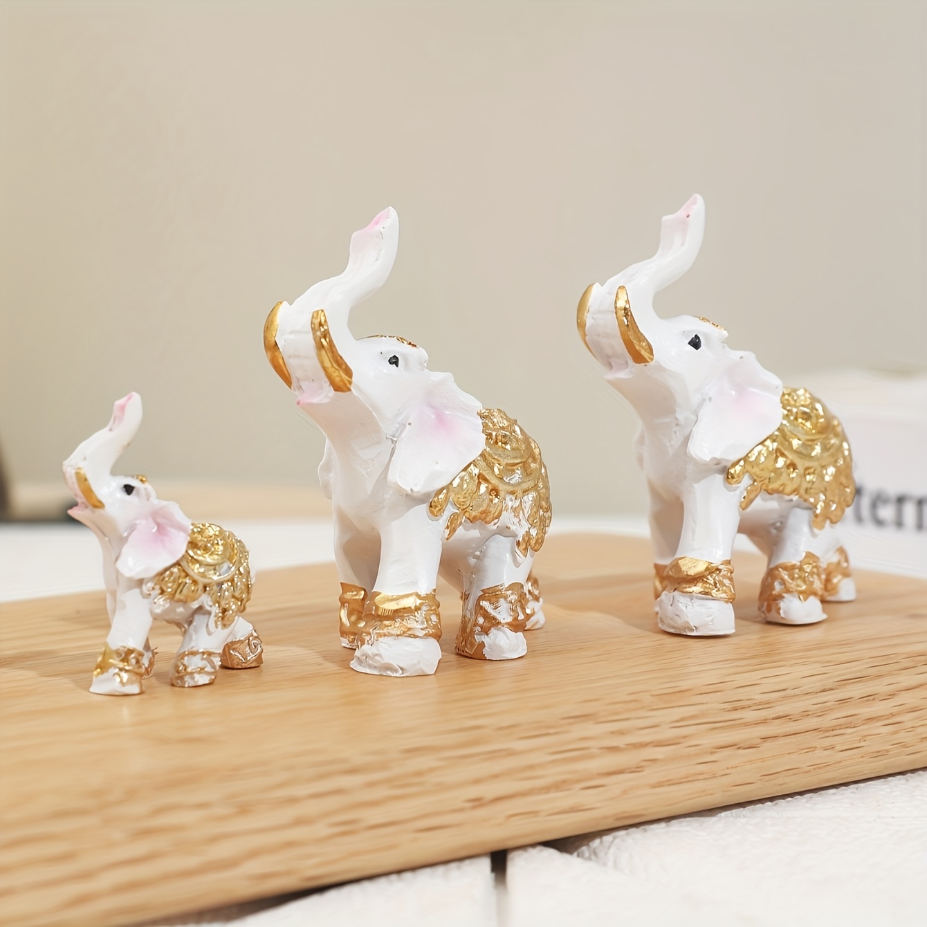 3pcs Platinum Golden Resin Elephant Statue Ornament, Light With Golden Gilding , Upturned Trunk Design, Detailed Carved Floral Decor, Desktop Decoration, Suitable For Indoor Living Rooms For
