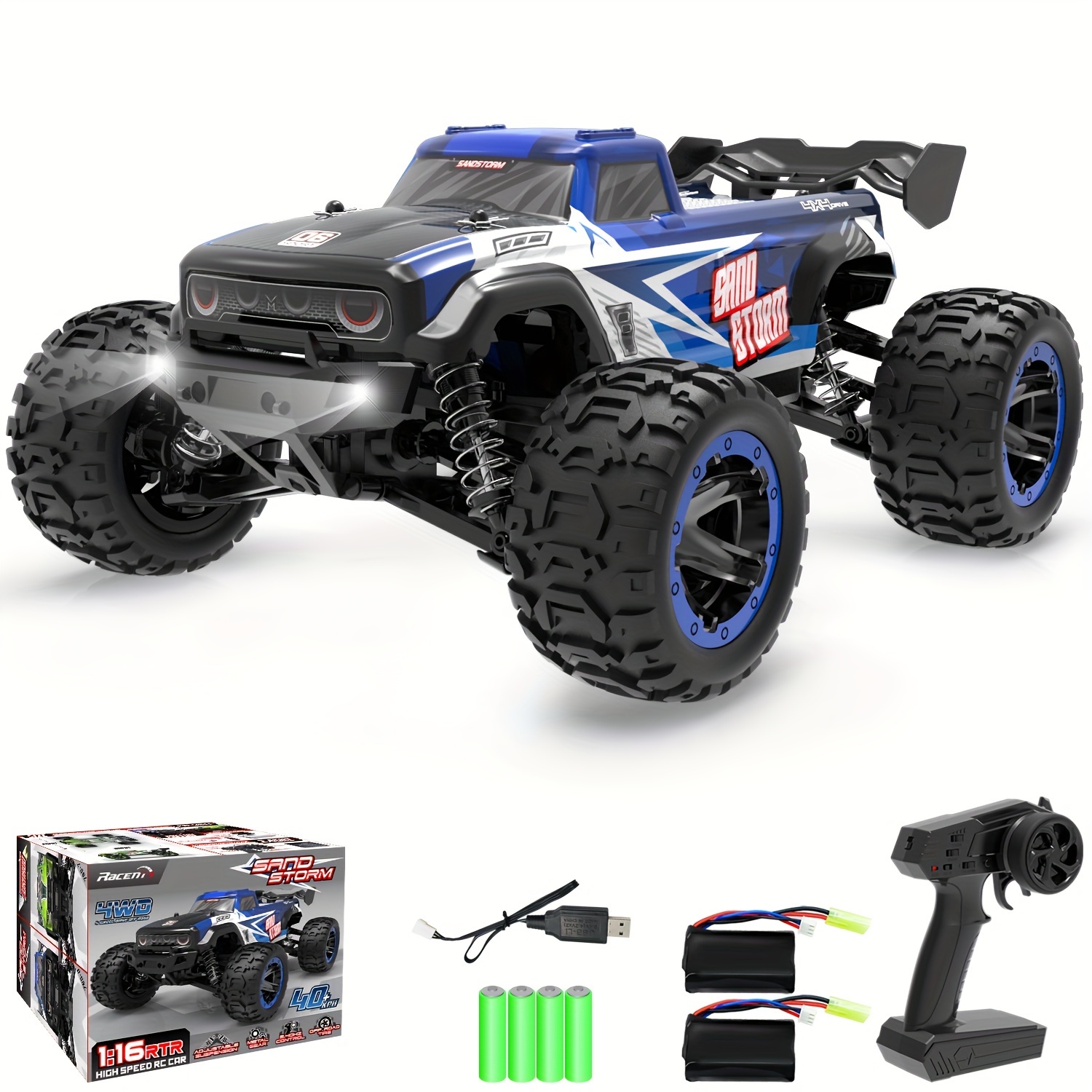 

Rc Car , 1:16 Scale All Terrain Monster Truck, 40kph 4wd Off Road Fast Remote Control Toy 2.4ghz High Speed Electric Vehicle With 2 Rechargeable Batteries, Gift For Boys Adults