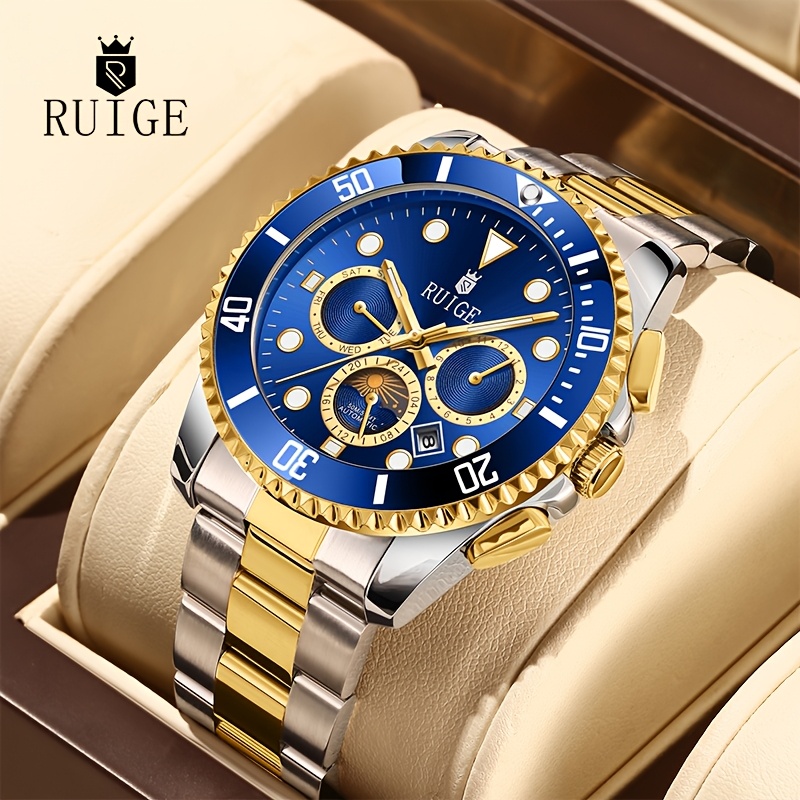 Image of Ruige Men's Business Automatic Mechanical Watch Stainless Multifunctional Phase Display Fashion Sports Mechanical Men's Gift Wristwatch, Without Battery