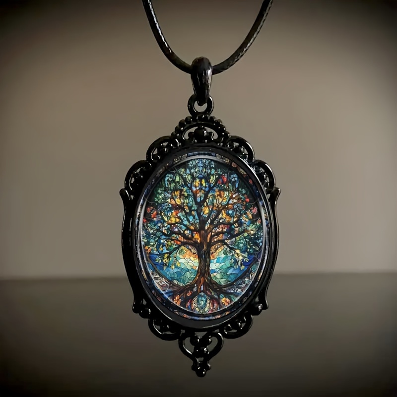 

1 Stylish And Elegant Tree Pattern Black Framed Glass Necklace With Romantic Gift Jewelry