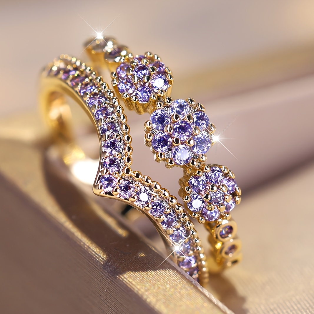   a double layer v shaped purple synthetic zirconia opening ring womens fashion versatile ring suitable for parties weddings and daily wear details 2