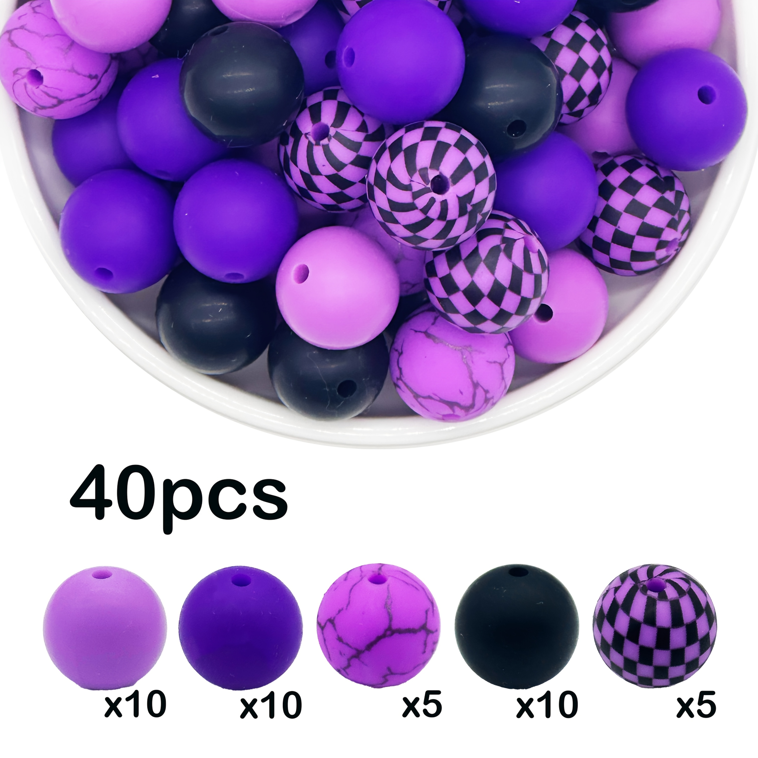 40pcs/61pcs Of Purple Crackle Series Mixed Silicone Round Beads For Handmade Necklace, Plastic Pen Beading, Keychain, Bag Chain, Phone Chain, Bracelet Jewelry Supplies