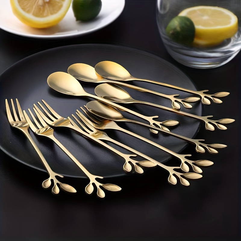 10pcs golden stainless steel cherry   spoons and forks   utensils spoons forks dining entertaining flatware details 0