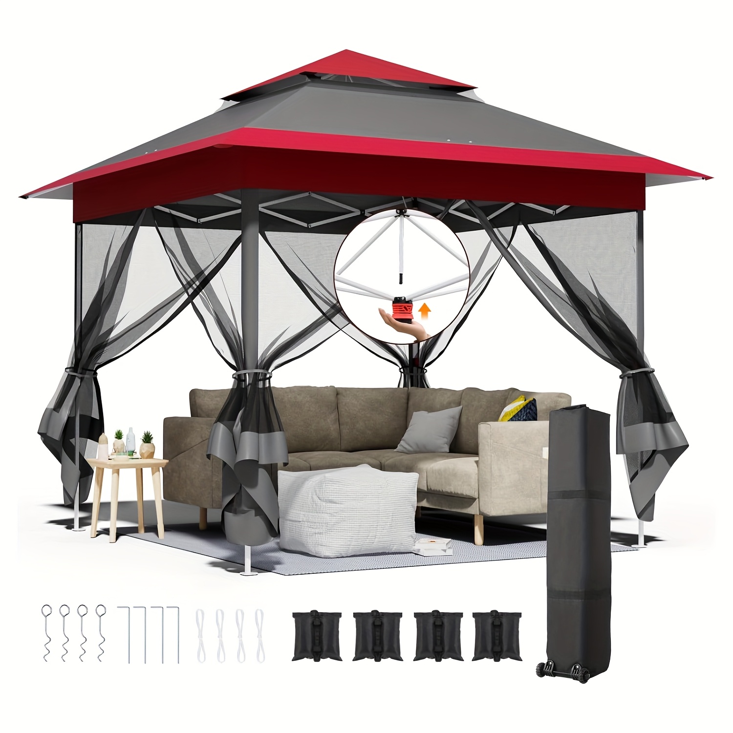 3.3x3.3 Gazebo, Gazebo With 4 Net Side Panels, 1-push Folding Stable , Double-top Party Tent Uv Protection 50+, Garden With 4 Sandbags, Suitable For Patio/market/camping