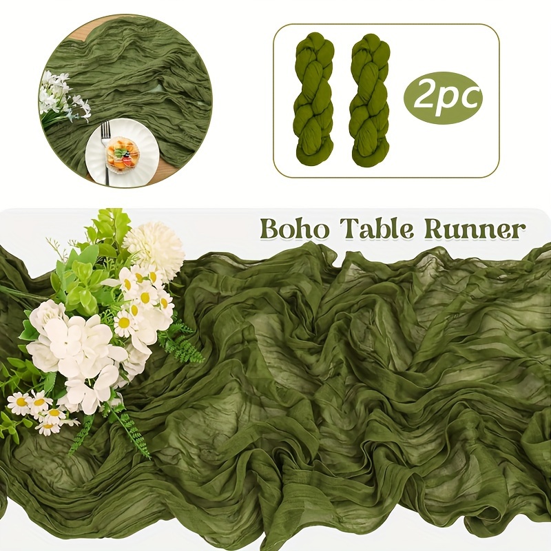 TEMU 2pcs Of Cheese Cloth Table Runners Made Of Bohemian Gauze Fabric, Suitable For Weddings, Birthdays, Baby Showers, And Parties, Featuring A For Rustic Table Decoration (military Green)