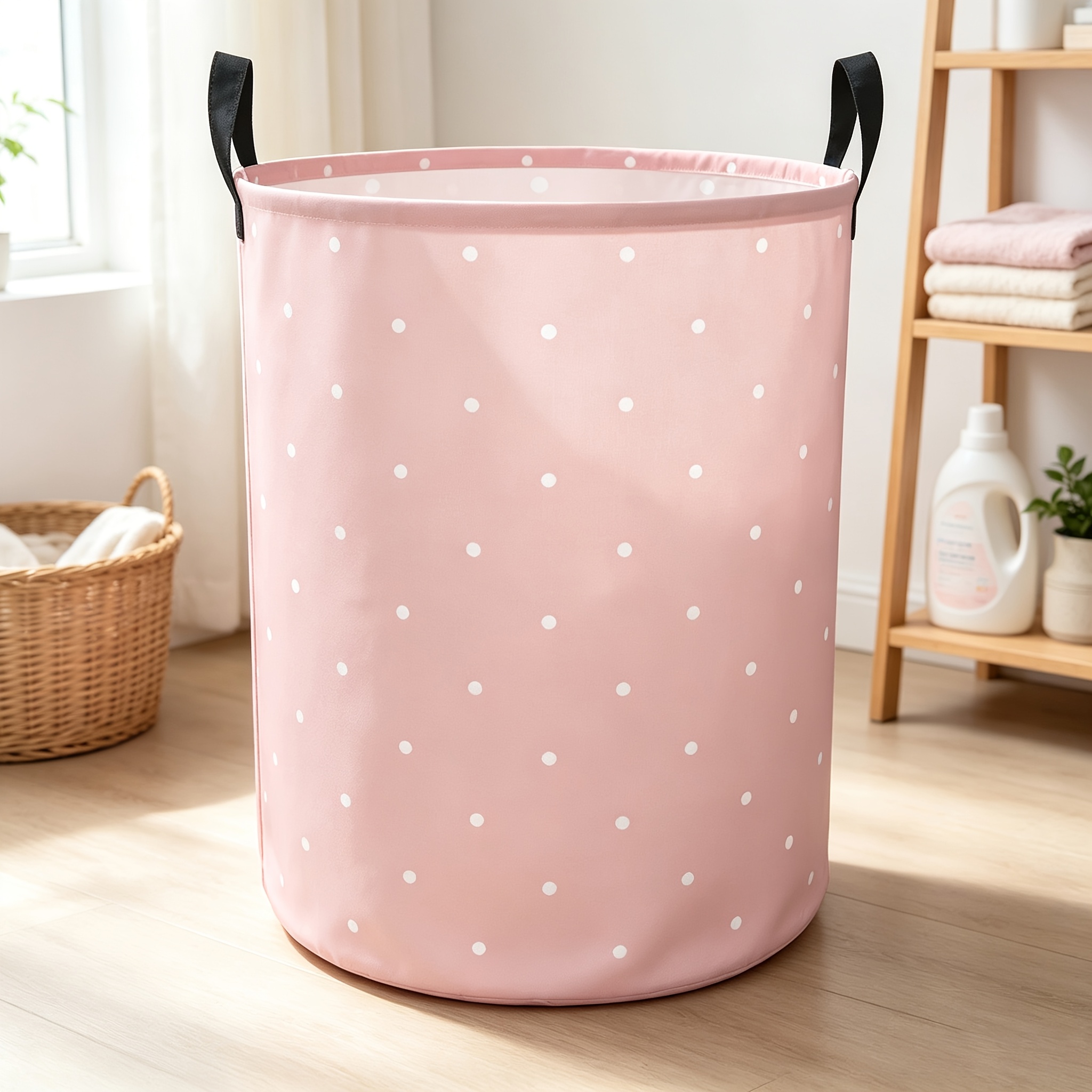 TEMU 1pc Foldable Laundry Basket | Cute Light Pink Polka Dot Pattern, Polyester Material, Ideal For University Dormitory Storage, Storage Basket,