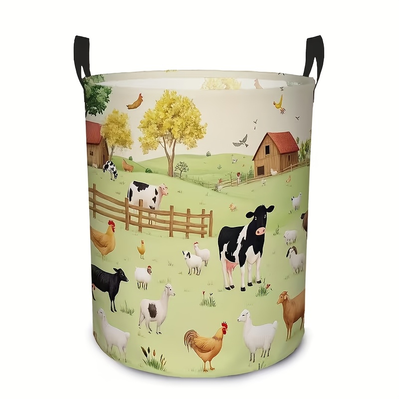 TEMU 1pc Farm Animal Countryside Style Foldable Dirty Clothes Basket, Round Dirty Clothes Basket Suitable For Bathroom And Bedroom, Storage Basket
