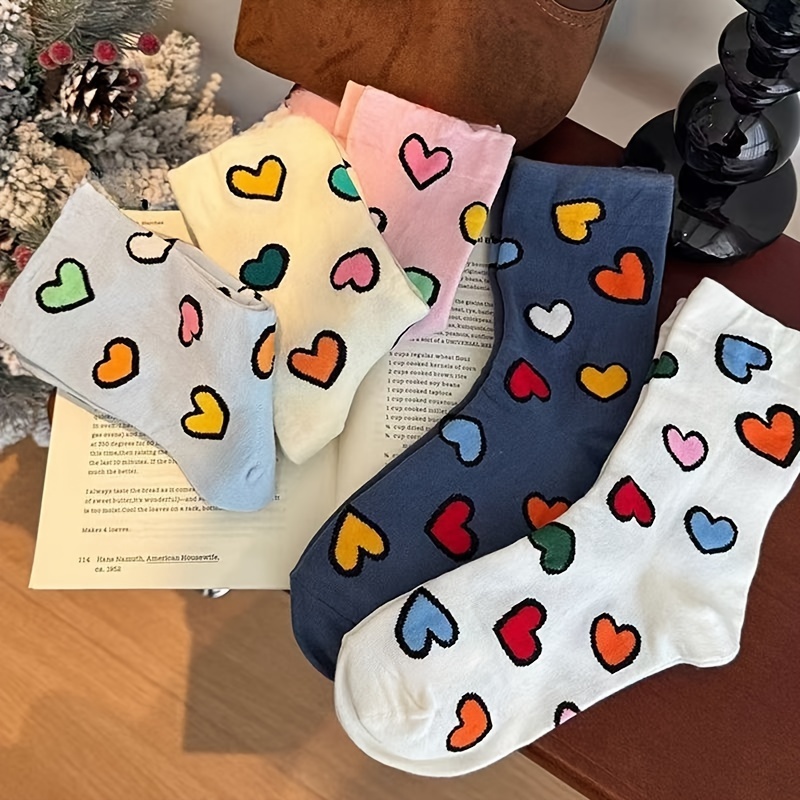 

Women's Elegant Knee-length Athletic Socks With Heart Pattern - 5 Pairs, Polyester And Spandex , Comfortable Breathable Knit Fabric, Machine Washable