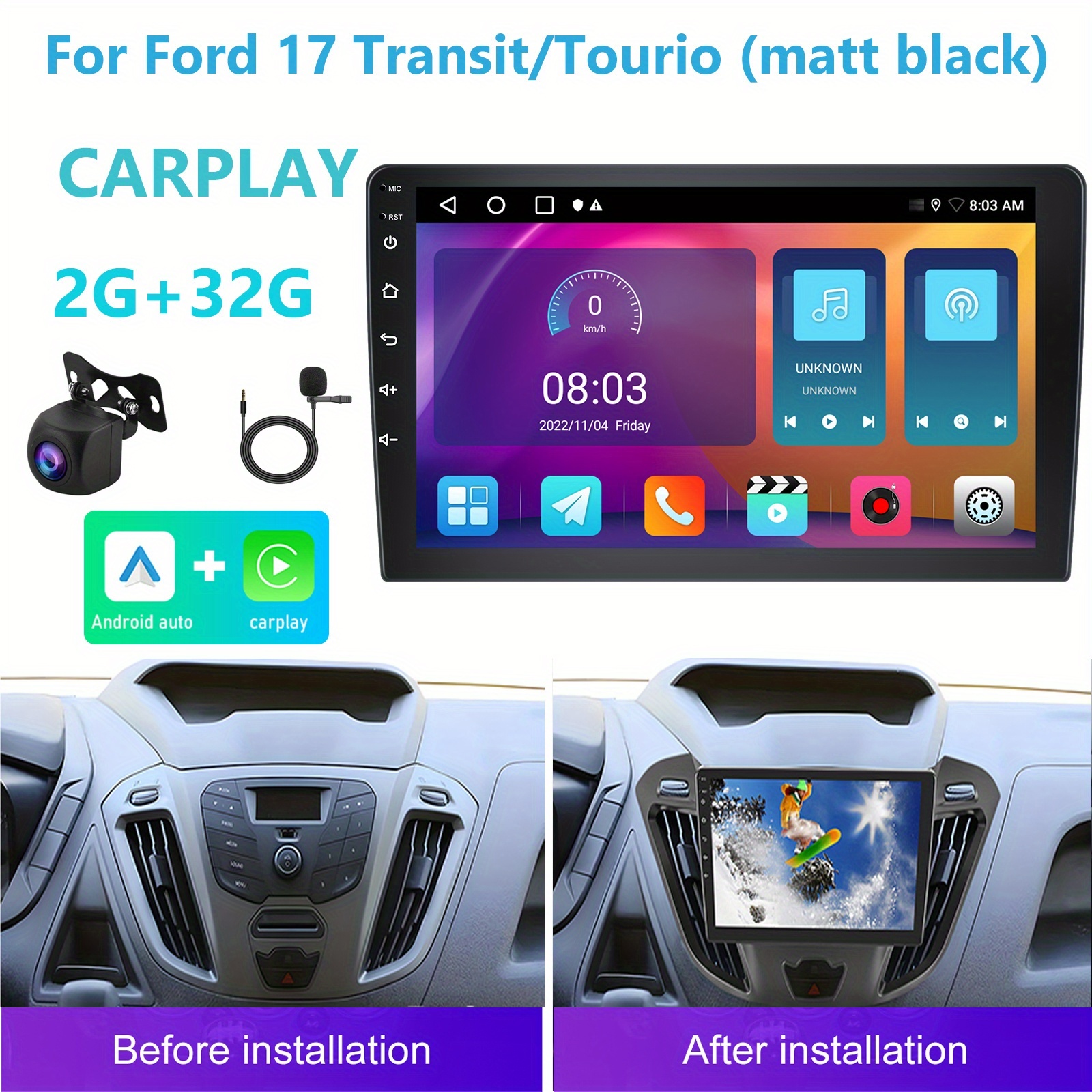 2G+32G za Ford 17 CarPlay & Auto Radio za 9-palčni Transit/ (Mat ÄŒrna) - 9" Zaslon na Dotik GPS Navigacija, WiFi, Avdio, 15-Pasovni EQ, Vključ