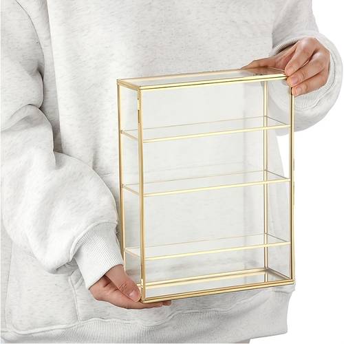 4 tier tabletop brass glass rock display case with locking door base golden suitable for collectible showcase mineral cabinet for office clear glass case with door