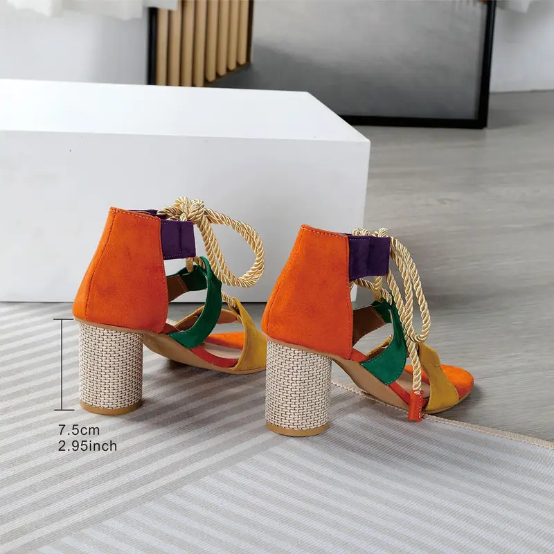 womens colorblock stylish sandals lace out versatile chunky heels breathable summer shoes details 6