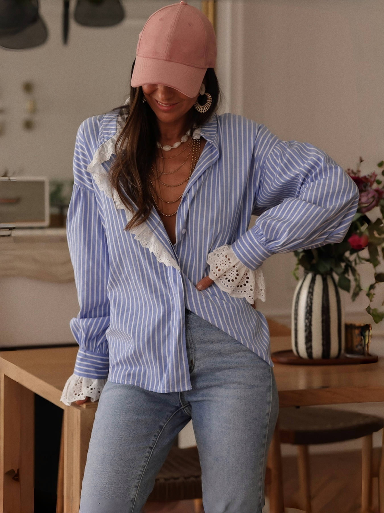 elegant womens blue white striped blouse lace trim ruffle Temu