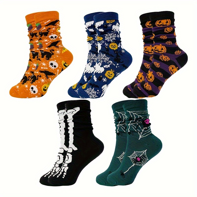 

5 Pairs Halloween Pattern Socks, Funny Gothic Style Mid Tube Socks For Fall & Winter, Women's Stockings & Hosiery