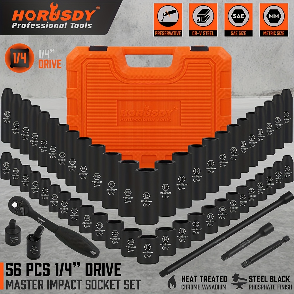 TEMU 56pcs 1/4 Inch Impact Socket Set, Including Sae Sizes From 5/32 To 9/16 Inches And Metric Sizes From 4 To 15 Mm, Featuring A High Torque Ratchet