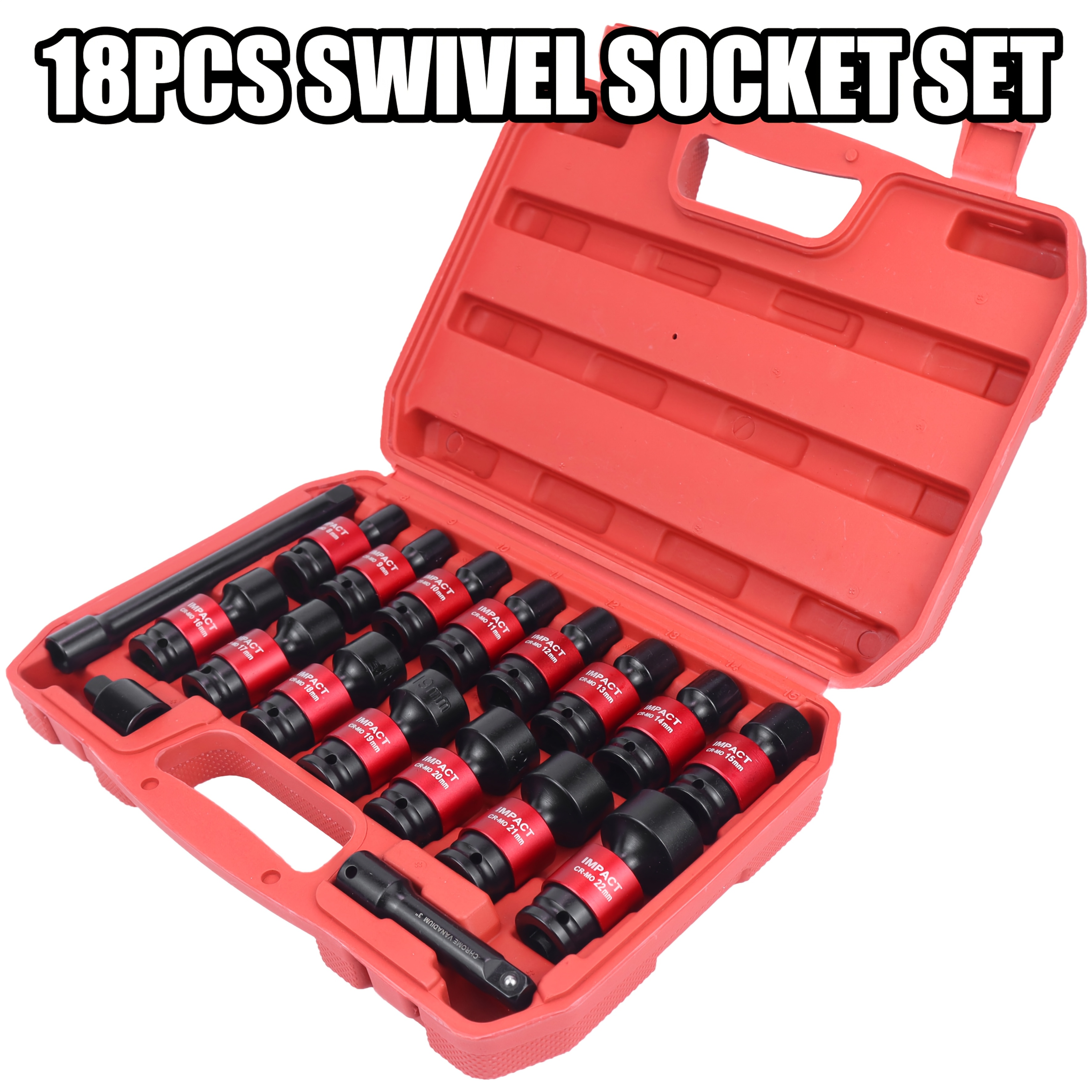 TEMU Seketman 3/8"inch Drive Swivel Socket Set, 18pcs Impact Universal Shallow Socket Set, Metric Size, 8-22mm, Include 3" &6"extension Bars And