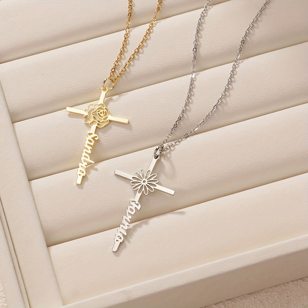 Women's Personalized Cross & Birth Flower Pendant Necklace