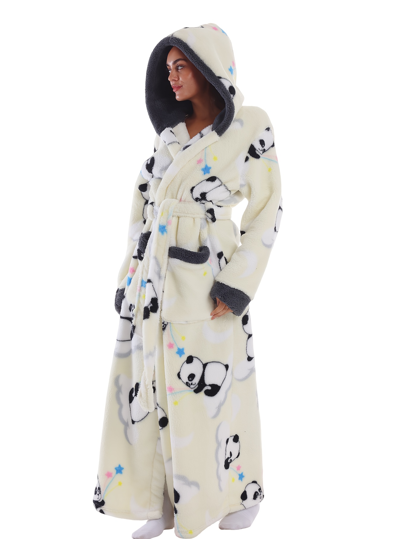 2025--White Panda--Printed Model--Winter Model--Fleece Model--Warm Home Robe--Hooded Sleeprobe--1ps Warm--Autumn and Winter Women'S Long Sleeve--Extended and Thickened Warmth--Home Indoor Bathrobe--Tied Belt--Machine Washable--with Pockets--This Model Hooded--Recommended Height 162cm-192cm--Same Size