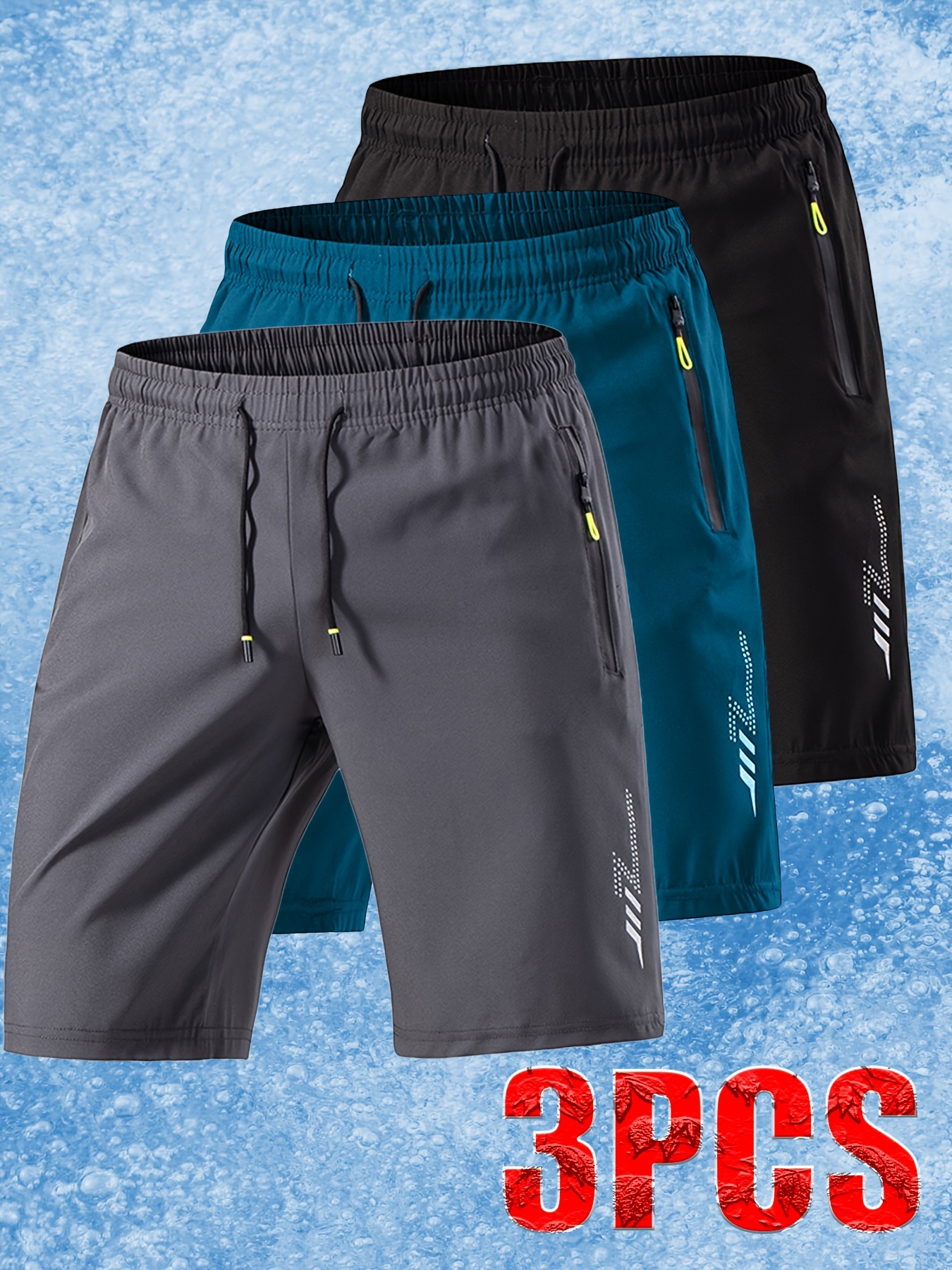 3pcs Men'S Ice Sliky Fiber Fabric Athletic Shorts - Soft Comfortable Fabric with Lightning Bolt Print, Elastic Waistband & Drawstring, Side Pockets, Lightweight Breathable Design for Summer, Travel, Gym, Casual Wear - Solid Color (, Dark, Teal)