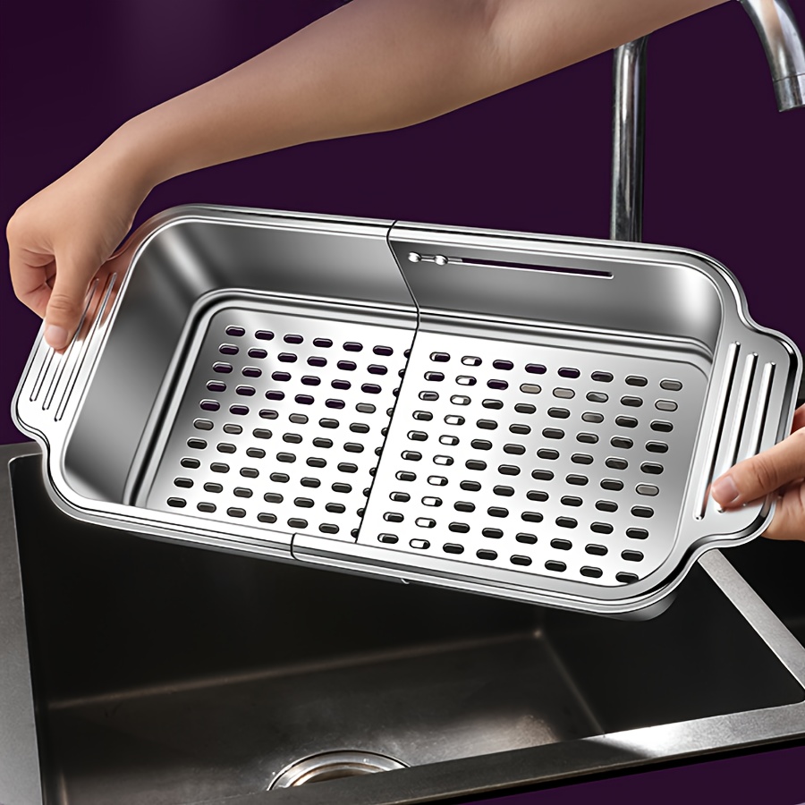 heavy duty stainless steel expandable sink strainer basket adjustable size 8 25x13 75 to 17 25 inches expandable sink net for draining fruits vegetables pasta dishwashing easy clean kitchen organizer for home commercial use kitchen sink strainer sleek metallic     material pasta drainer spacesaving design rustresistant strainer vegetable drainer busy households Product details 2