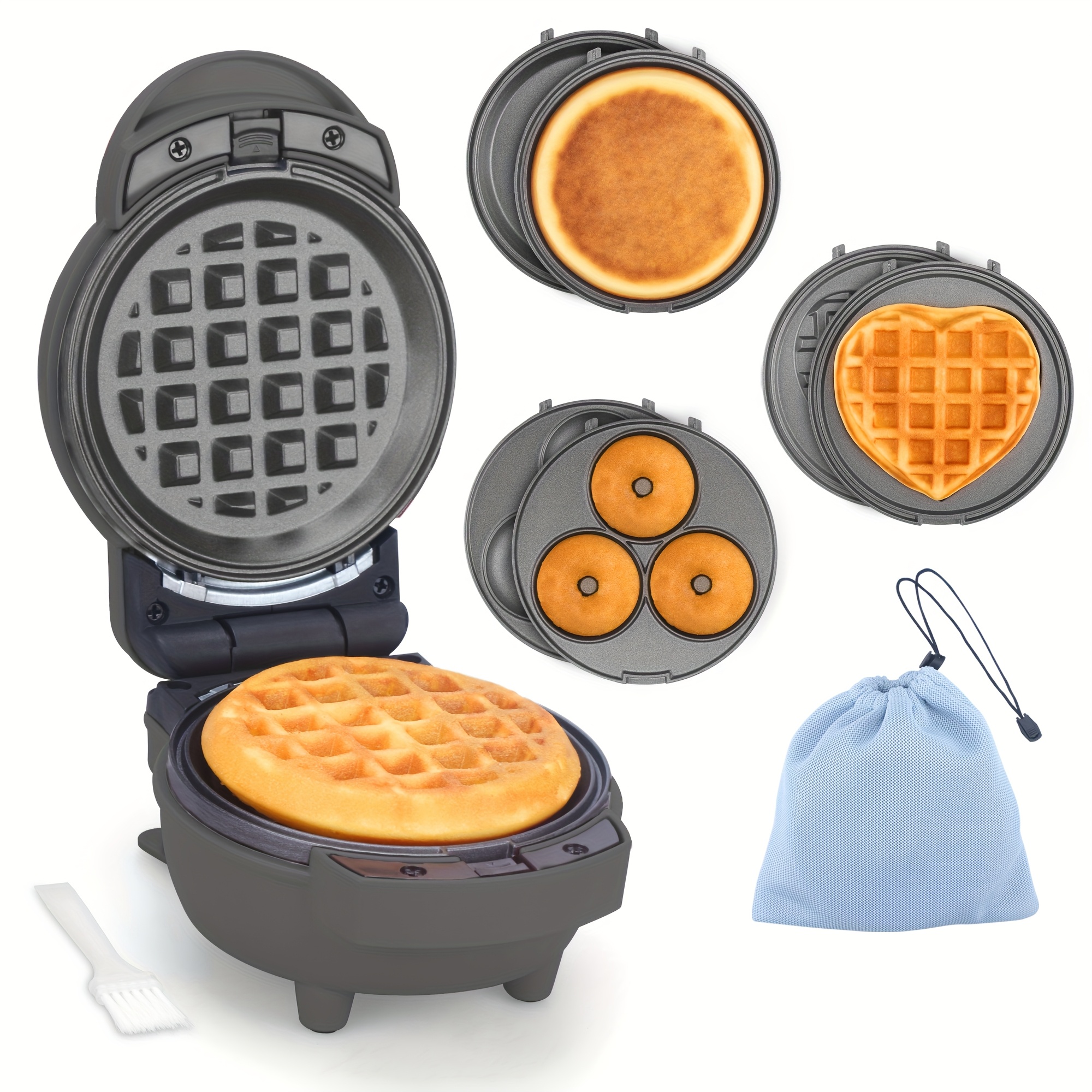 TEMU 4 In 1 Mini Waffle & Pancake Maker, Mini Donut Maker, Heart Shape, Removable Plates, Recipe Included, Kitchen Appliance, Blue