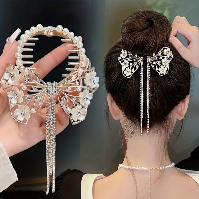 

Elegant Bow Tie Alloy Hair Clip With Imitation Pearls And Rhinestone Tassel - Chic Hollow Out Butterfly Flower Hairpin For Women, Single Piece