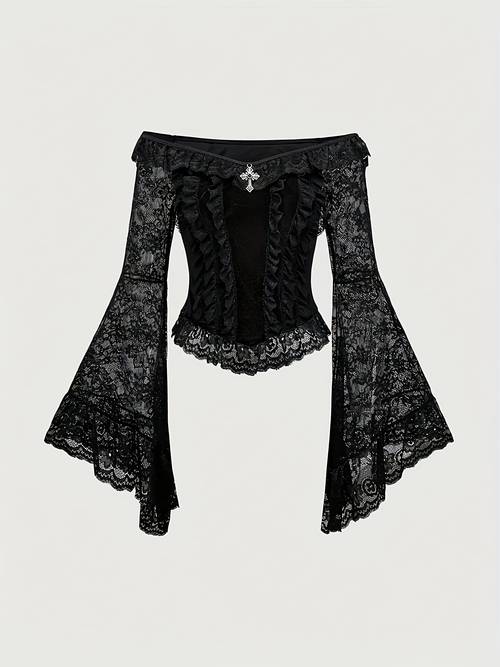 womens gothic court style off shoulder lace trumpet sleeve blouse black and white contrast lace trim round neck machine washable elegant top for formal and semi formal wear