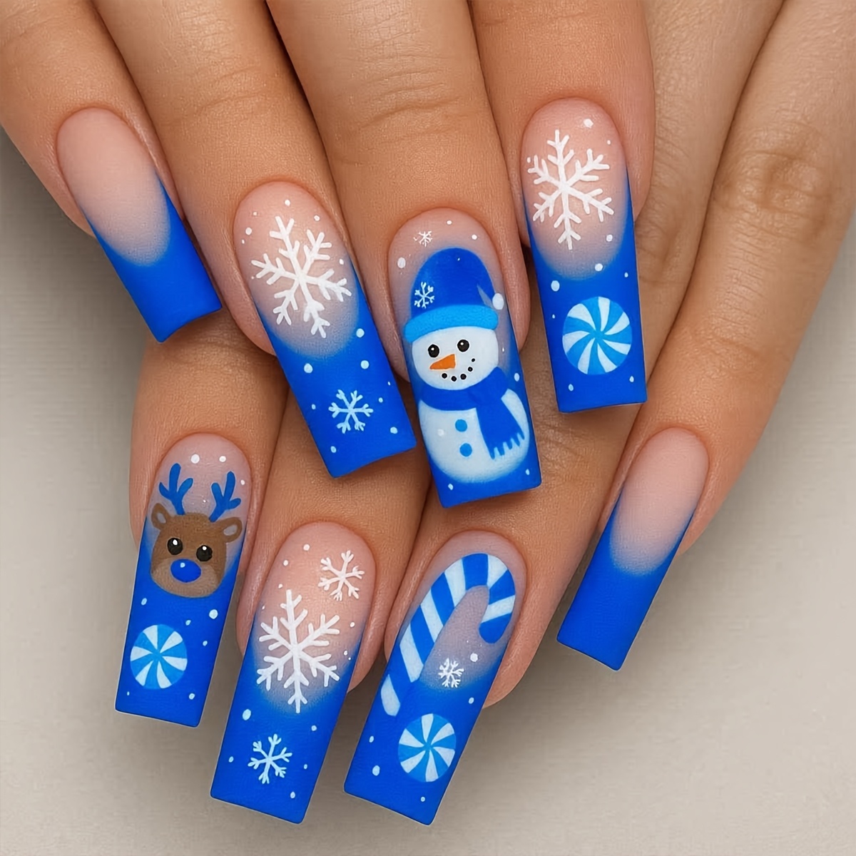 TEMU 24pcs Stickers d'Ornement pour Ongles de Noël Longs Tube d'Eau Dégradé Bleu de Neige Canne de Neige Motif Imprimé Design Mat Amovible Press-On