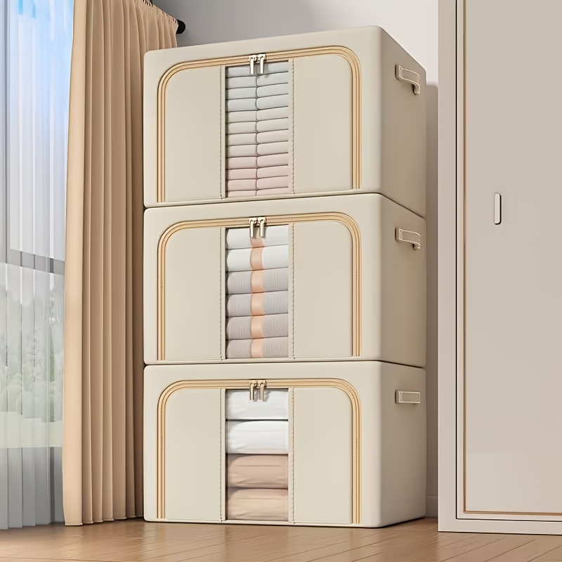 TEMU 3 Pack Foldable Oxford Fabric Storage Bins With Metal Frame, Large Capacity Moisture Proof Zipper Closet Organizer Boxes With Clear Window For