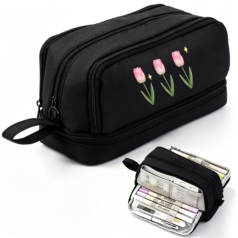 TEMU Large-capacity Four-layer Pencil Case, 1pc With -pink-tulip Print Design, Multifunctional Stationery Storage Pouch, Portable Stationery