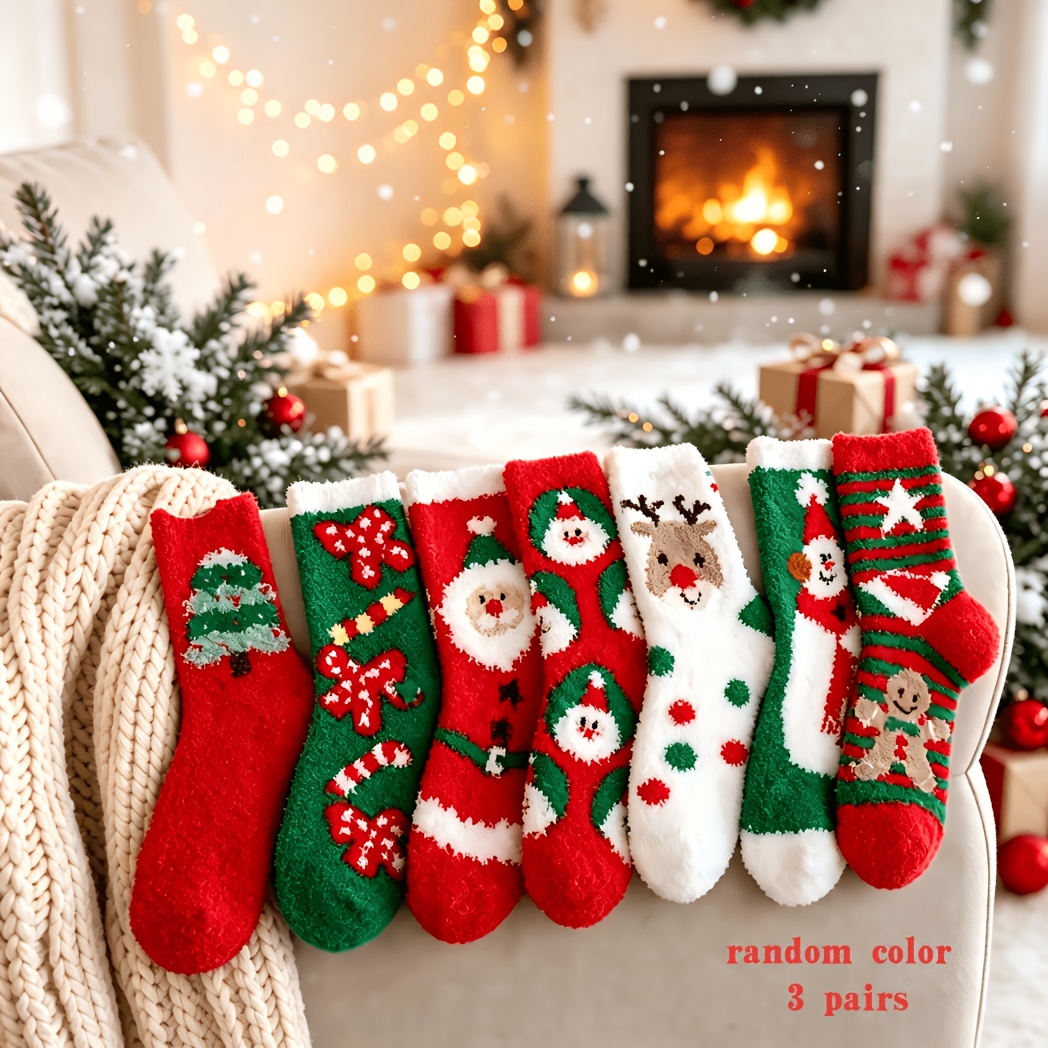 TEMU 3 Pairs Random Styles Women's Coral Christmas Mid-calf Socks, New Autumn Winter -proof Soft Cozy Fashion Versatile Home Sleeping Socks, Suitable