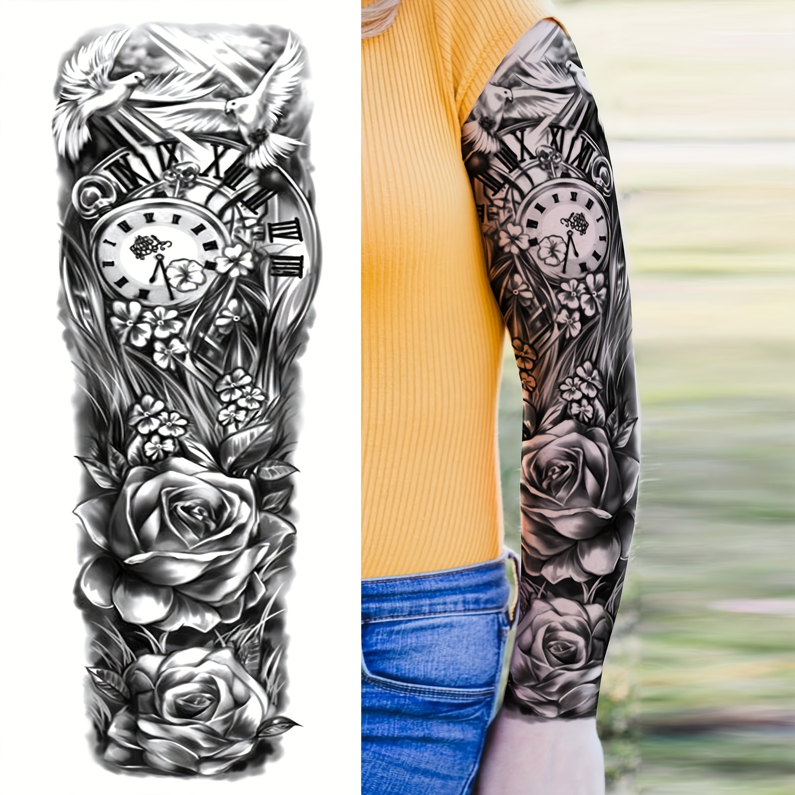 Large Peace Rose Compass Clock Temporary Tattoo Sticker Realistic,  Waterproof Full Arm Design for Men Women Halloween