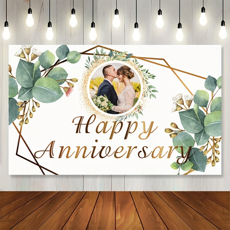 

1pc Customizable Wedding Anniversary Banner With Golden Leaf Accents - Polyester Backdrop For Celebrations, Personalized Photo Booth Prop, No Electricity Needed, Ideal For Entryways, Rooms & Gardens