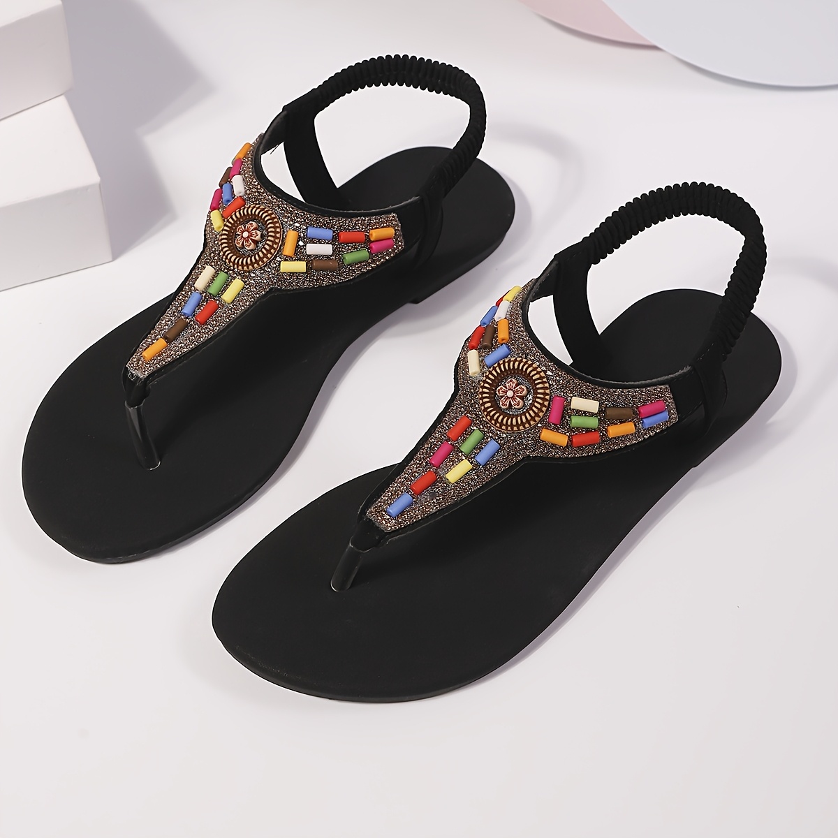 Women'S Ethnic Style Bohemian Floral Beaded Flip-Flops - Large Size Synthetic Fiber Anti-Abrasion Beach Shoes, Featuring Durable Oxford Soles, Comfortable Flat Heel Easy-To-Wear Design, Perfect for Casual Summer Beach Gear