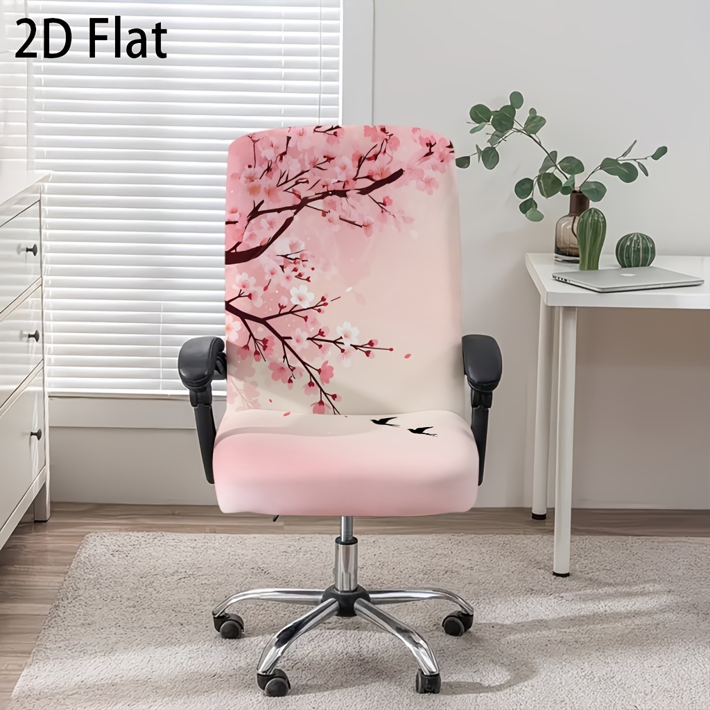 TEMU 2d Flat 1pc Chair Cover, Universal -one Desk Chair Cherry Branch With Flying Elastic High-back Swivel Chair Cover, Removable Chair Cover With