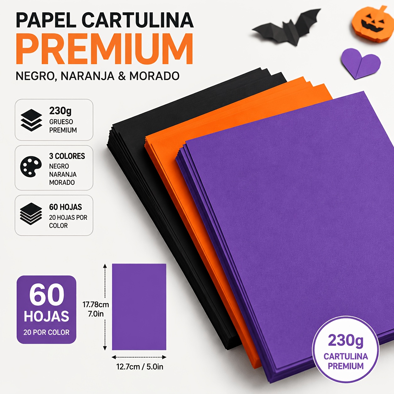 TEMU Papier Cartonné Halloween Premium 230G, 60 Feuilles, 5X7 Pouces (Noir, Orange, Violet) Papier Cartonné de Fête, Papier et Chauve-Souris, Papier
