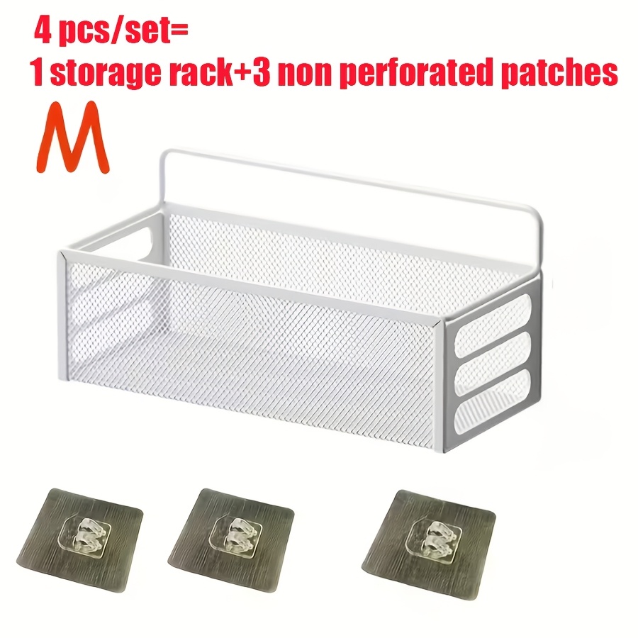 TEMU 4pcs Set (1 Storage Rack + 3 Nail-free Patches) Iron Mesh Bathroom Shelf - No-drilling Wall-mounted Shower Shelf, End With Ventilation Slots,