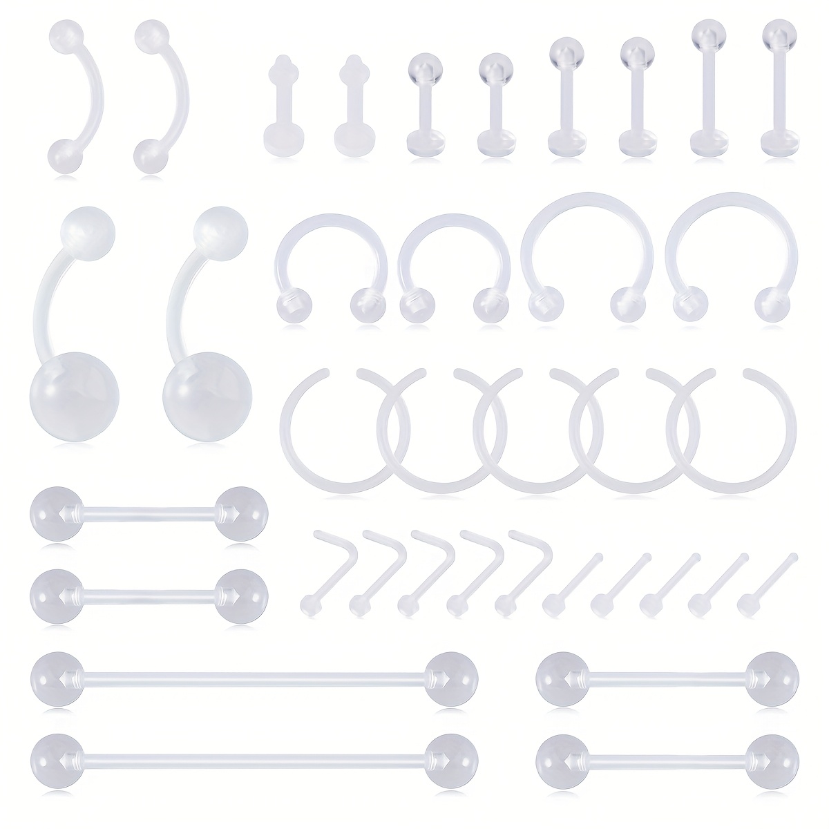 Image of 37pcs Clear Acrylic Piercing Retainers Bioflex Plastic Jewelry For Tongue Nose Septum Eyebrow Belly Earrings Tragus Helix Cartilage Industrial Lip Labret Rings Studs For Piercing Replacement
