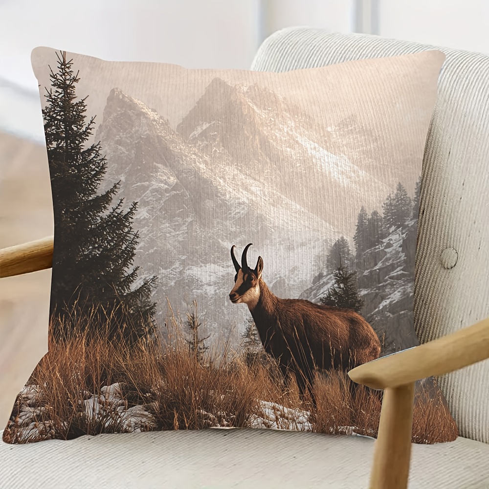 TEMU 1pc Of Soft, Double-sided Throw Pillow Measuring 45.72x45.72 Cm, Featuring A Winter Alpine Chamois And Wildlife Design. This Vintage Decorative