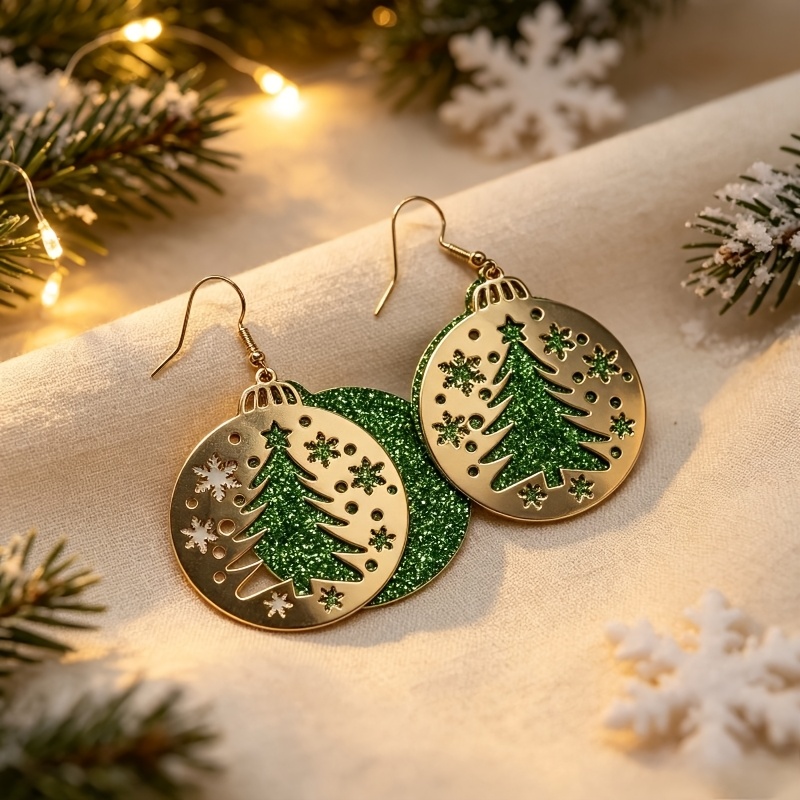 TEMU 2pcs tricolore à paillettes pour Noël, arbre creux rond, pièces de fête, pendentif de neige, ajouts de Noël, boucles d'oreilles de mode pour