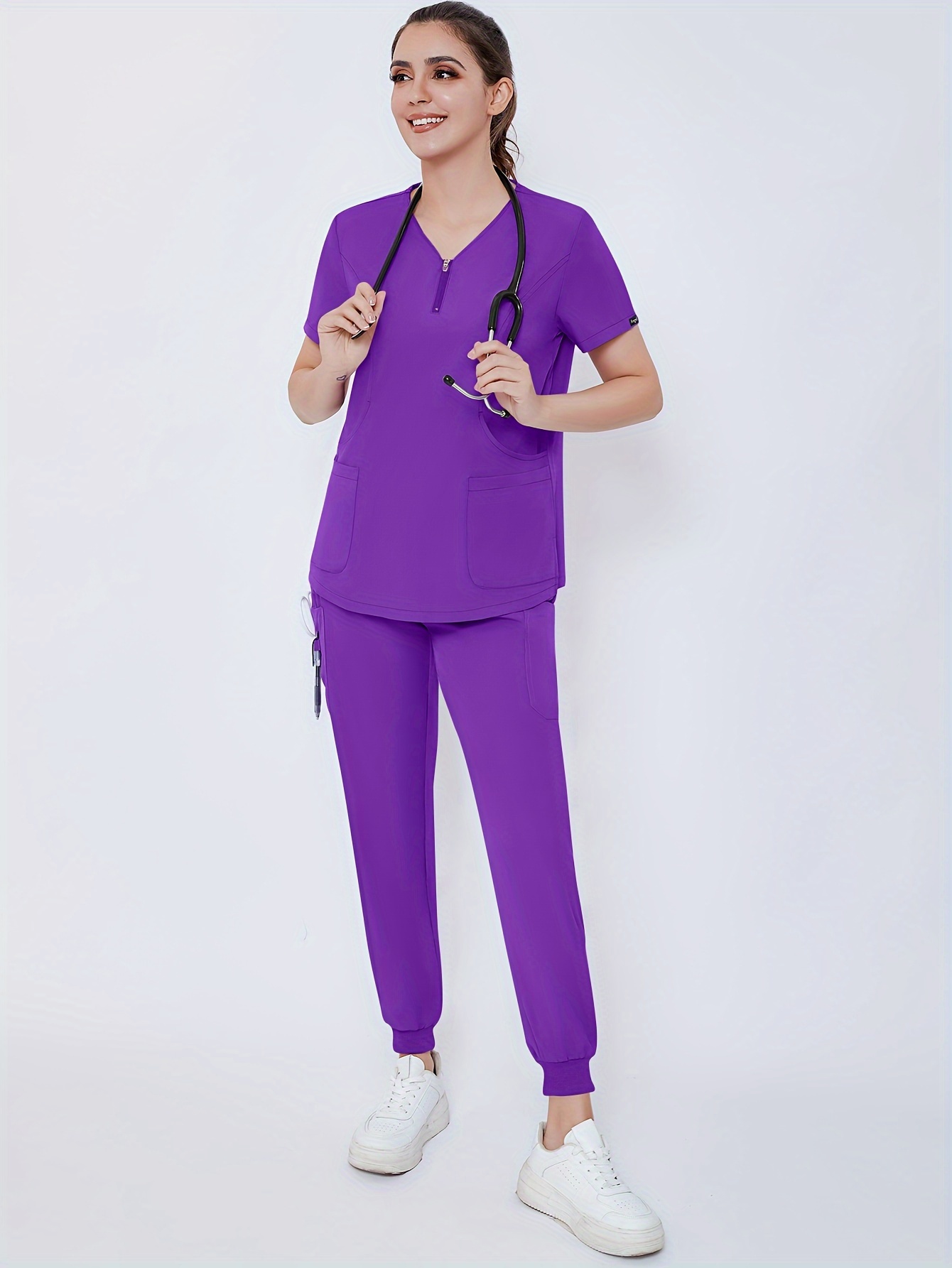 Solid Scrub Two piece Set Short Sleeve V Neck Scrub Top - Temu