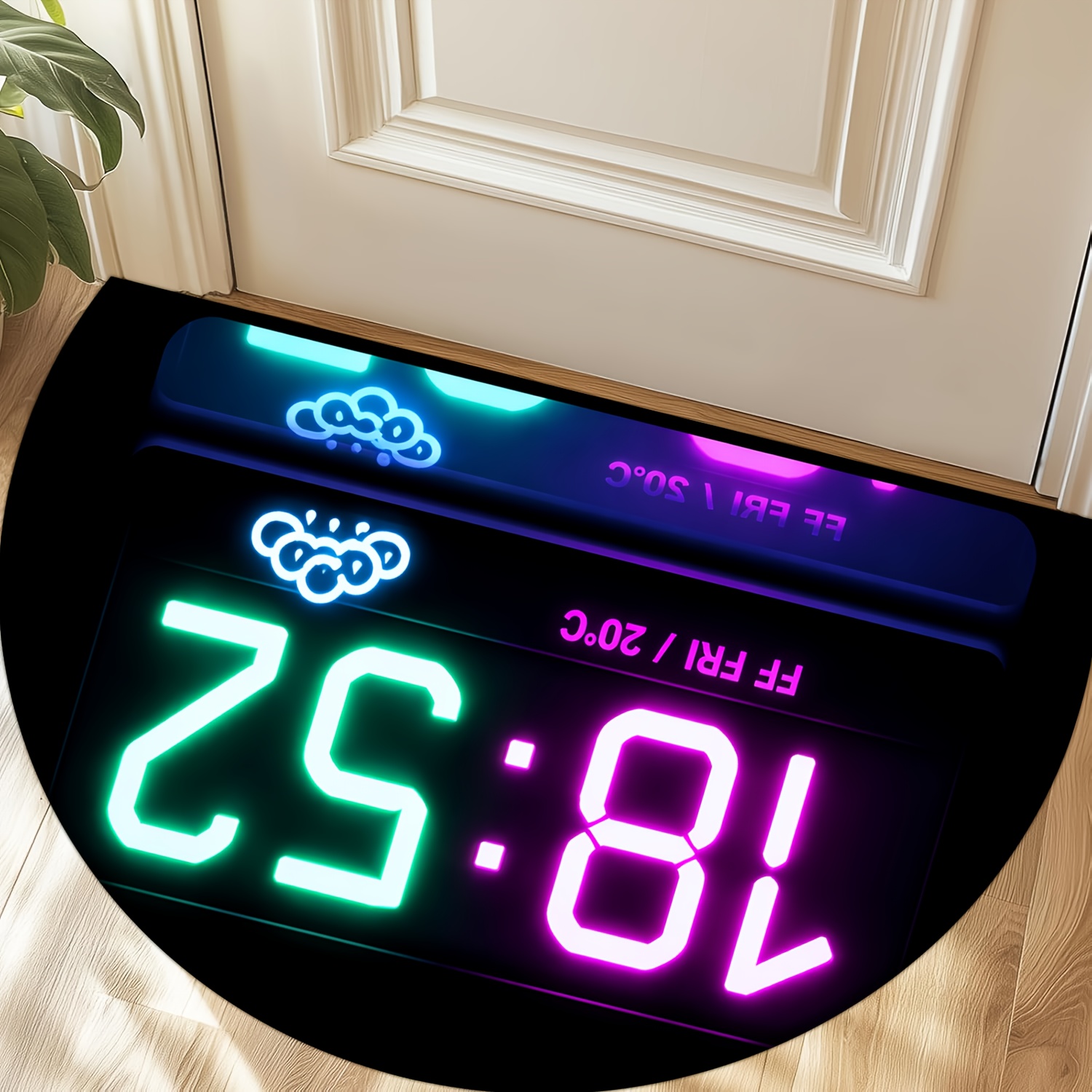 TEMU [Produit] Tapis de porte plat imprimé en 2D [Matériau en molleton et éponge de 1 cm d'épaisseur] Tapis demi-cercle amusant | Horloge numérique