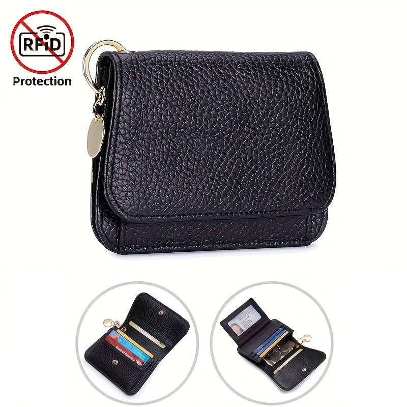 Image of Genuine Leather Women's Fashion Short Wallet, With Rfid Anti-theft Function, 6 Card Slots, Zipper Coin Pocket, With Id Window And Key Chain, Stylish And Safe, Suitable For Daily Use, Is For Women