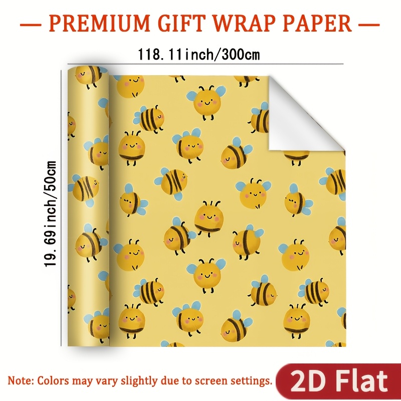 TEMU 1 Rolle 2D Flaches Geschenkpapier mit Bienenmotiv, Hochglanzpapier - Hellgelber Hintergrund mit Cartoon-Bienenmuster, 118.11 x 19.69 Zoll,
